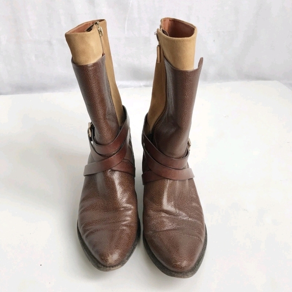 REBECCA MINKOFF BOOTS - Ankle Womens Tan/Brown Leather/Suede Mix Boots 8M - Picture 4 of 9